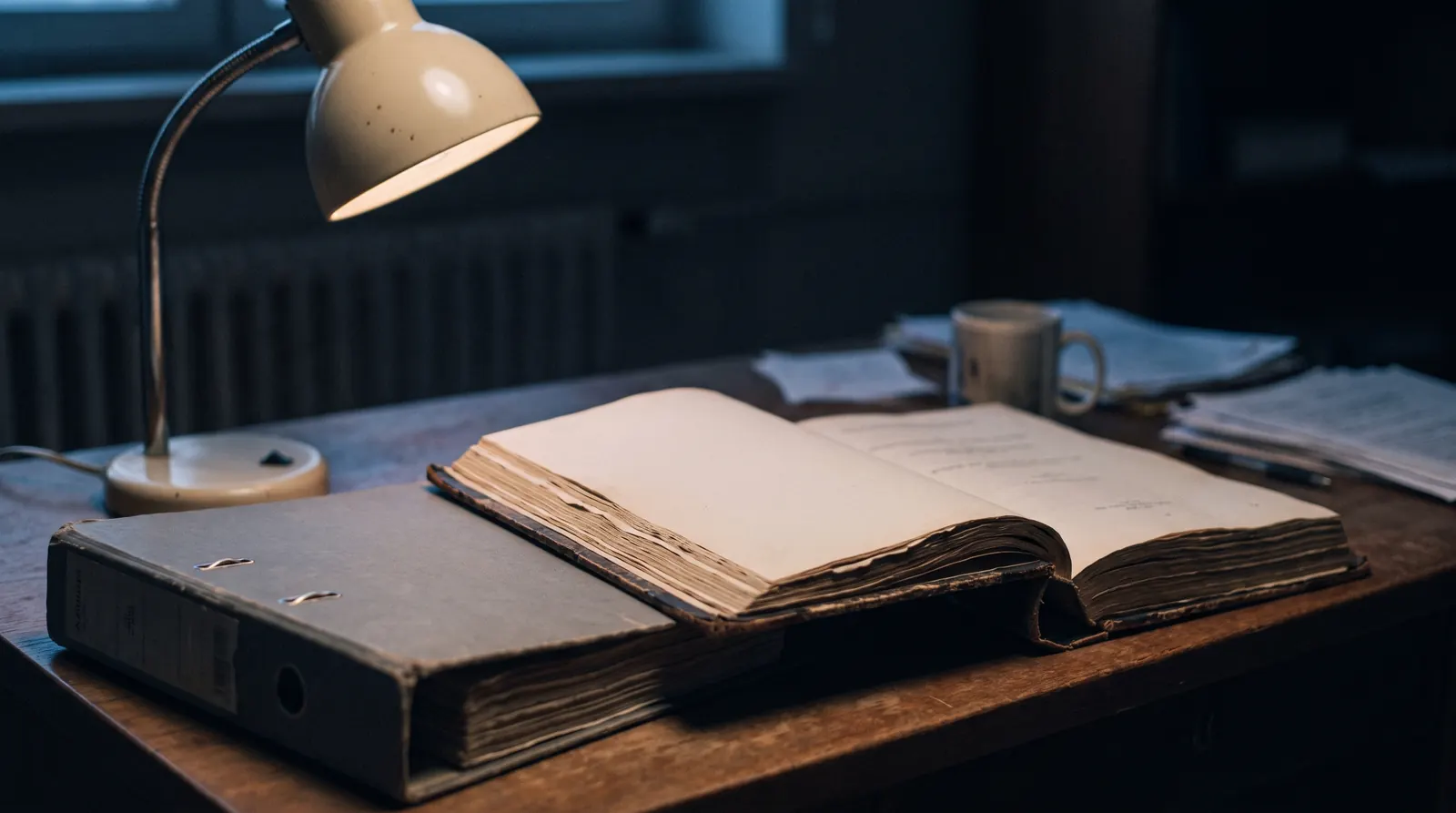 A bound manuscript lying open on a wooden desk beside an archival binder under a desk lamp
