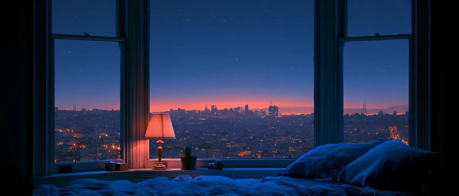 A bedroom bay window at dusk, a small lamp on the sill, city lights and the last of the sunset beyond