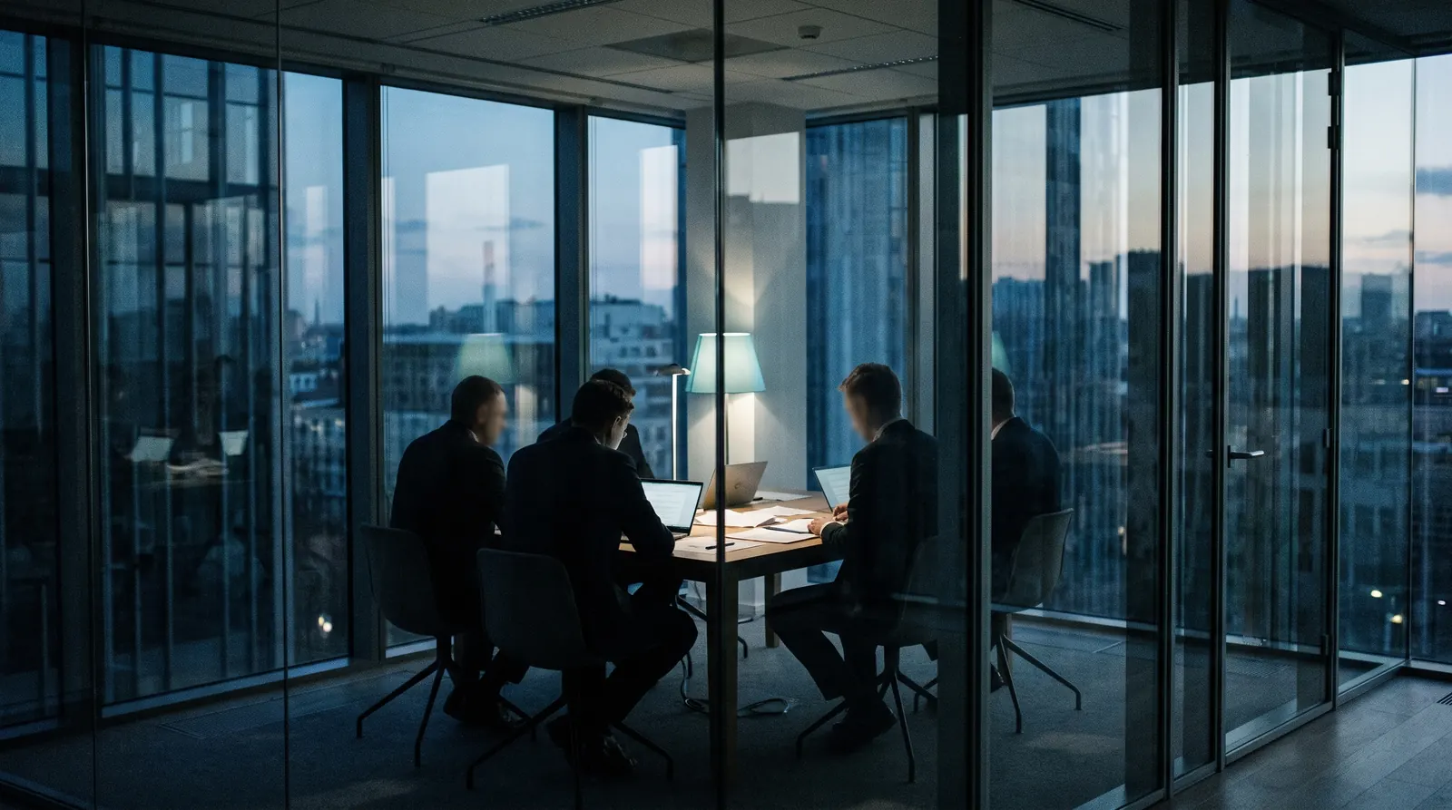 A small group meeting around a table in a glass-walled conference room at dusk, city lights beyond