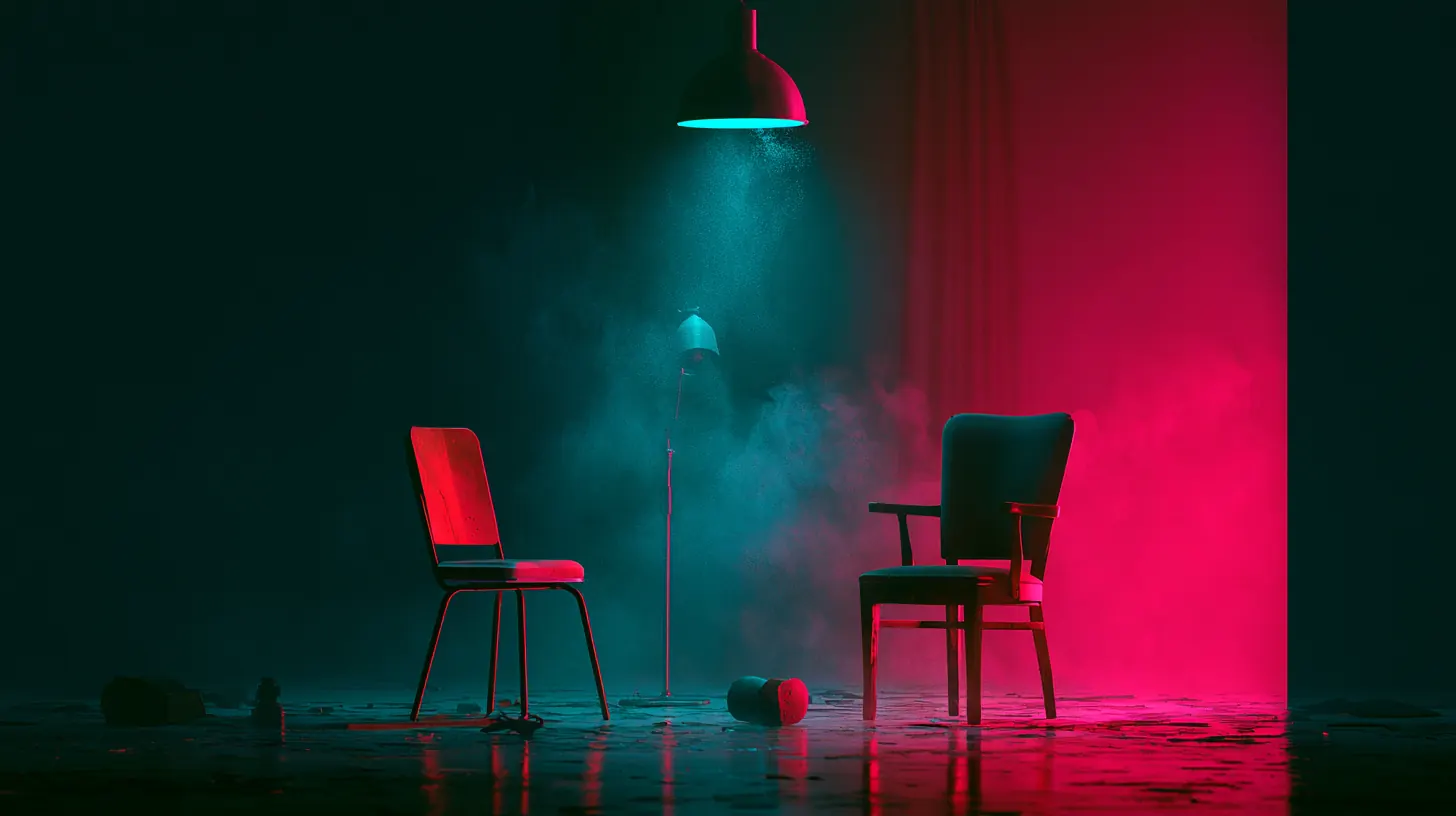 Two empty chairs facing each other under a single hanging lamp, one side lit teal and the other pink