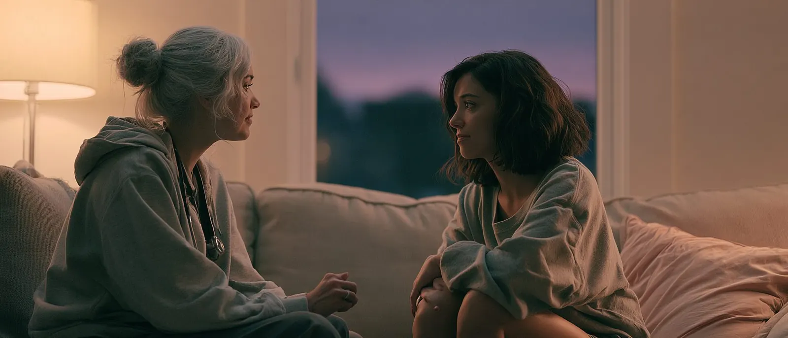 Two women sitting on a couch at eye level, talking calmly, a window and lamp behind them