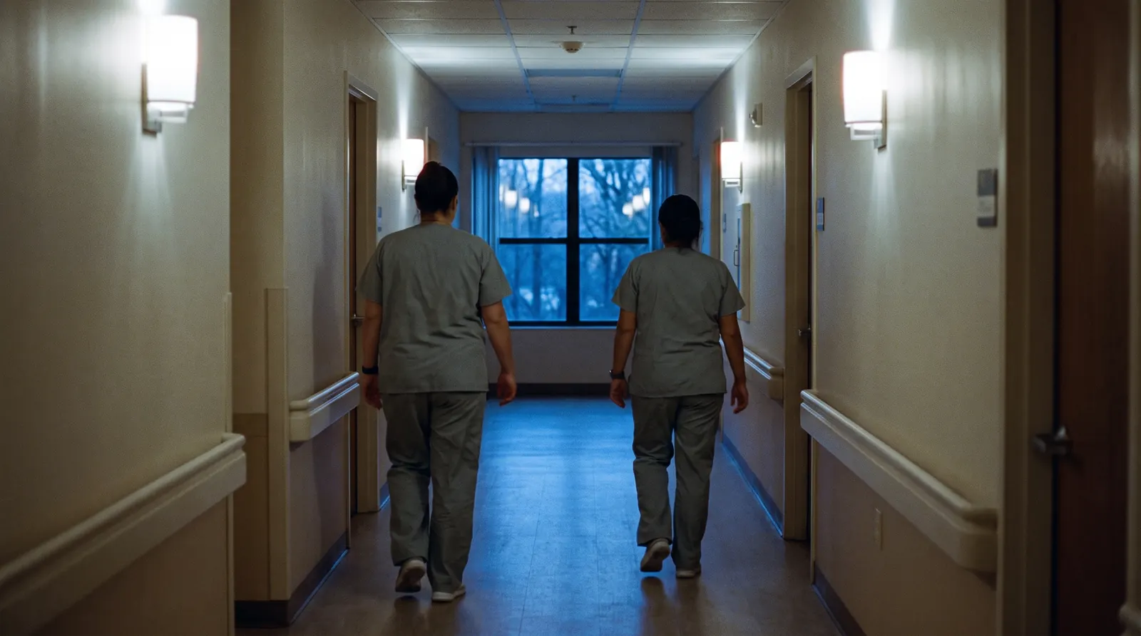 Two staff in scrubs walking side by side away down a residential hallway at dusk, wall lamps lit, a window at the end