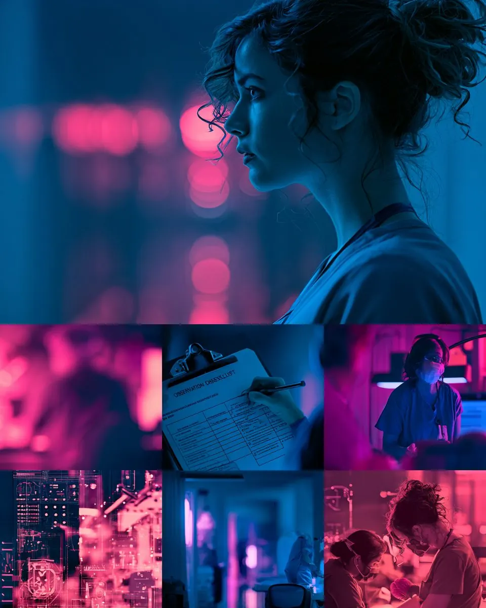 A collage in pink and blue: a person in profile above smaller frames of a clipboard, a city and a busy unit