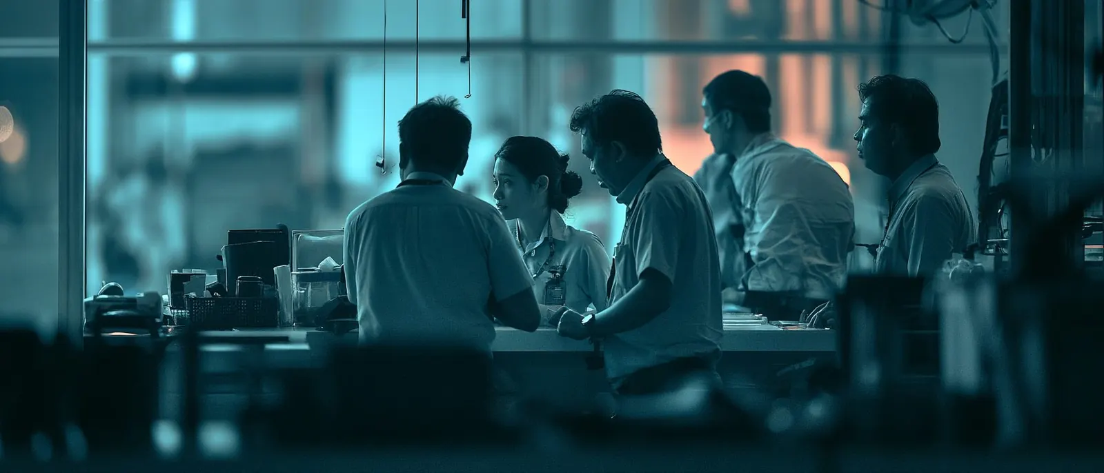 Staff at a busy nurses' station seen through glass, early light, one person reading a chart