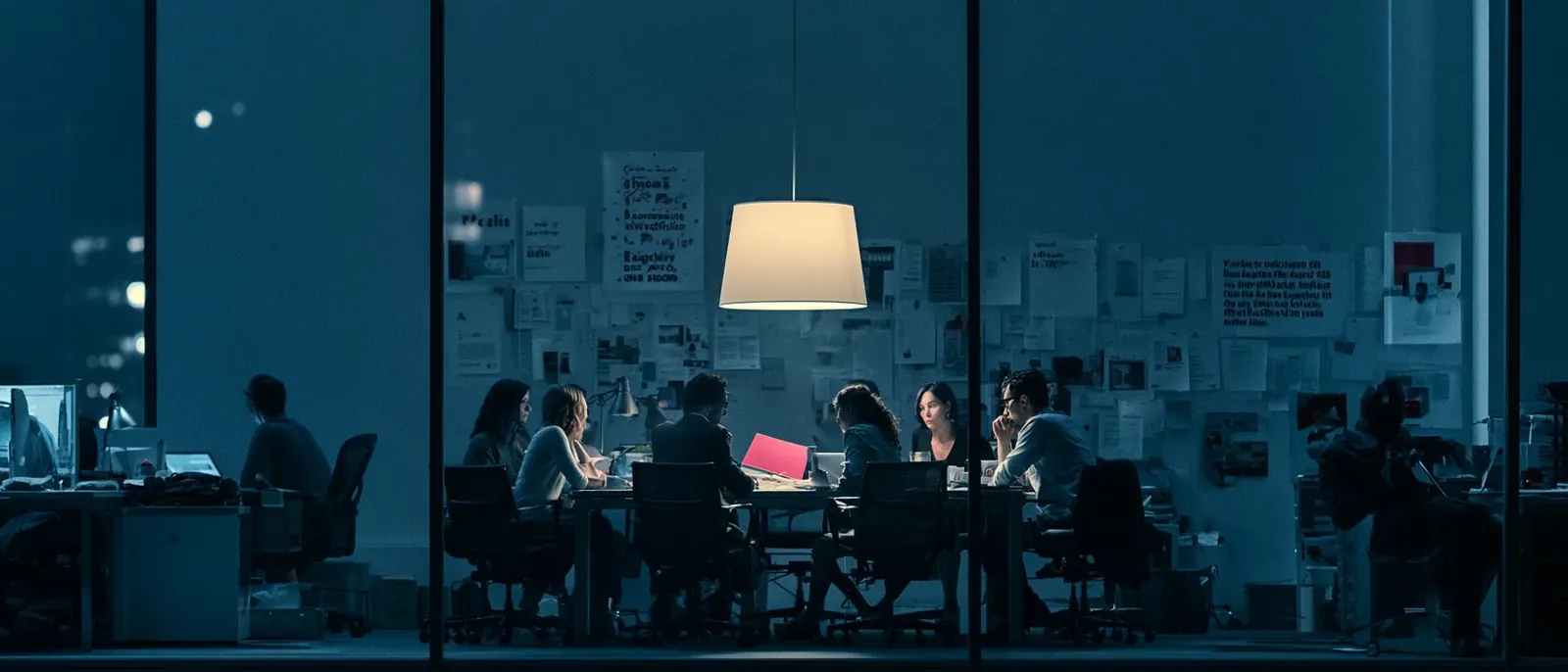 A team seated around a long table under one pendant lamp in a glass-walled room at night